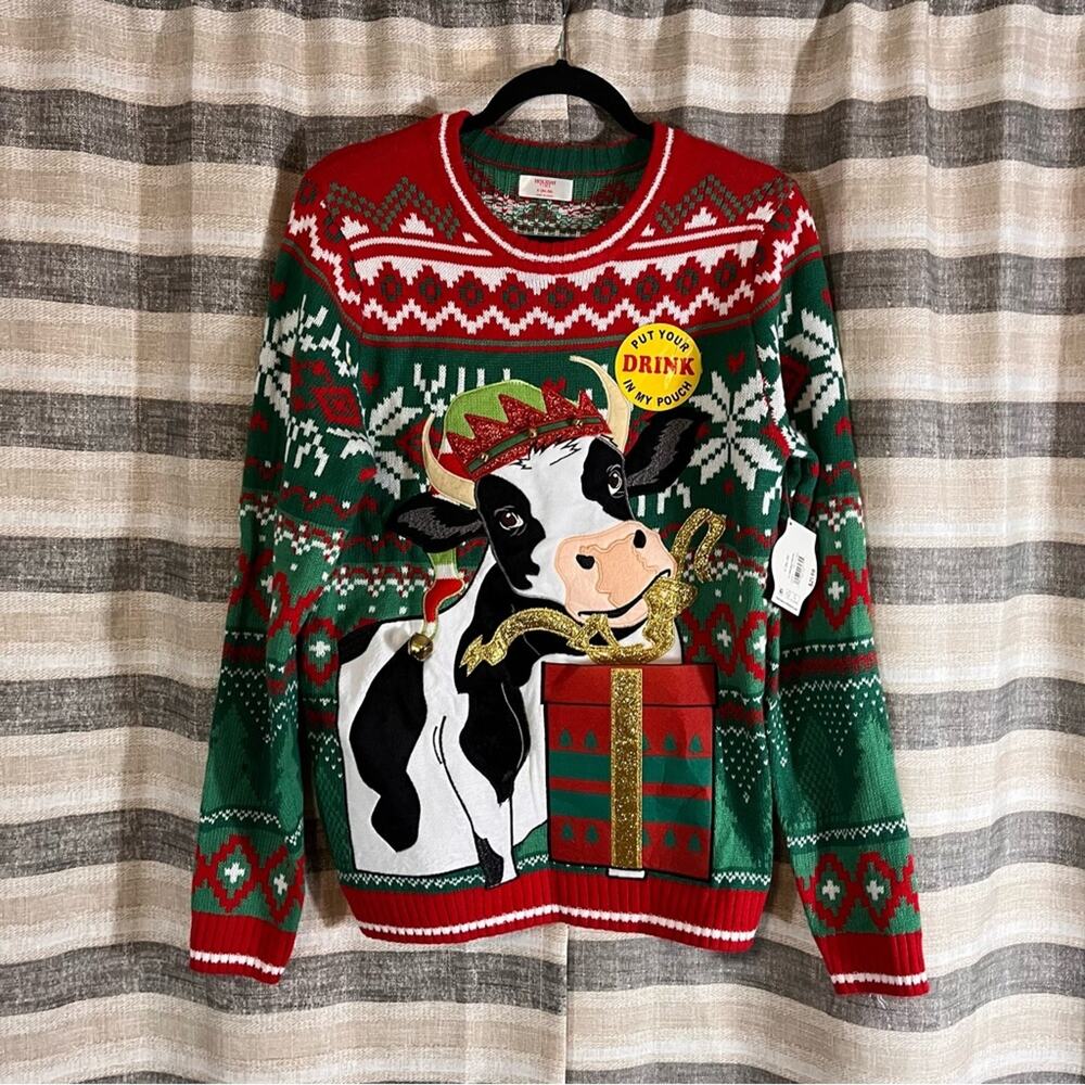 Holiday Time Red And Green Cow‎ Christmas Sweater Size Small